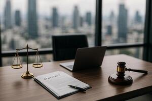 Legal Workspace With Contract Document and Gavel Overlooking City Skyline in Daylight photo