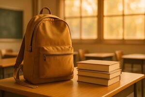 Warm Sunlight Illuminates a Backpack and Stacked Books in a Cozy Classroom Setting photo