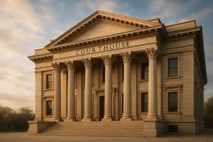 Historic Courthouse Building With Columns and Intricate Architecture During Golden Hour photo