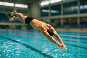 competitivo nadador buceo dentro un piscina durante Mañana formación sesión a interior instalaciones foto
