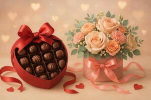 Valentine Gift of Chocolates in Heart-Shaped Box Beside Floral Arrangement With Pink Roses and Greenery photo