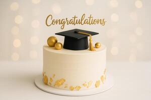 Celebratory Cake Decorated for Graduation With Cap and Gold Accents in a Festive Setting photo