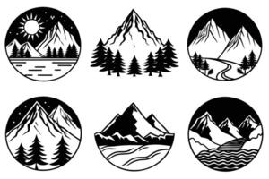 Set of Black and White Mountain Landscape Illustrations vector