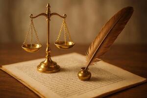 Golden Scales of Justice and a Quill Pen on an Old Handwritten Document in a Serene Setting photo