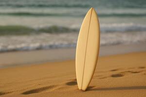 Surfboard Standing on Golden Sand Near Ocean Waves at Sunset on a Tranquil Beach photo