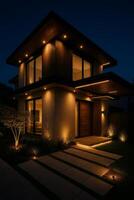 Modern House Illuminated at Night Showcasing Sleek Architecture and Warm Lighting photo