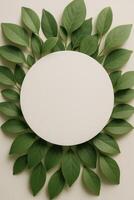 Decorative Round Mirror Surrounded by Vibrant Green Leaves on a Neutral Background photo