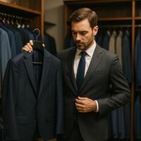 Man Fitting a Tailored Suit in an Upscale Clothing Store During Afternoon Shopping photo