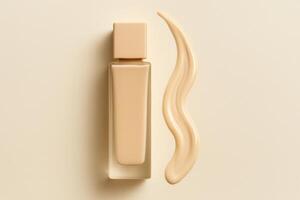 Skin Tone Foundation Bottle and Swatch on Beige Background for Makeup Application photo