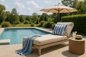 Relaxing by a Poolside in a Serene Landscape With Lounge Chair and Umbrella in Summer photo