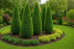 Lush Green Landscape With Coniferous Trees and Vibrant Shrubs in a Serene Garden Setting photo