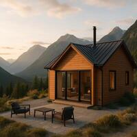 Cozy Mountain Cabin at Sunset Surrounded by Serene Natural Landscape With Majestic Peaks in View photo