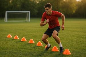 Athlete Training With Agility Cones on a Sunny Field at Dawn photo
