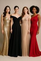 Elegant Evening Gowns on Display by Four Diverse Women Showcasing Style and Confidence at a Fashion Event photo
