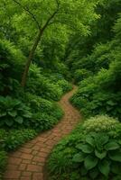 Pathway Winding Through Lush Green Foliage in a Serene Garden Setting During Daylight Hours photo