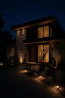 Modern House Illuminated at Night With Warm Lights and Landscaped Garden photo