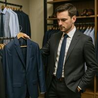 Man Exploring Suit Options in a Tailored Clothing Store During Daytime photo