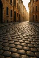 Cobblestone Street in a Historic Town at Sunrise With Warm Light Illuminating the Buildings photo