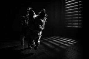 Small Dog Running in Soft Light With Shadows Creating a Dramatic Effect in a Dark Room photo