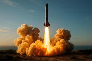 Rocket Launches Into the Sky, Leaving a Trail of Smoke and Flames During Sunset Over the Ocean photo