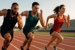 Three Athletes Sprinting on a Track During Sunset in a Competitive Training Session photo