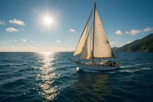 Sailing on Calm Waters Under a Bright Sun With Mountains in the Background photo
