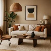 Modern Living Room Design With Natural Elements and Warm Tones in a Cozy Setting photo