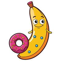 Adorable Banana and Donut Illustration in Modern Flat Style vector