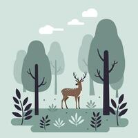 A serene deer standing among tall trees and lush foliage in a flat, minimal forest setting, showcasing tranquility in art vector