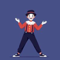 Cheerful clown in vibrant red and blue outfit performing playfully with arms outstretched in a minimalistic flat illustration vector