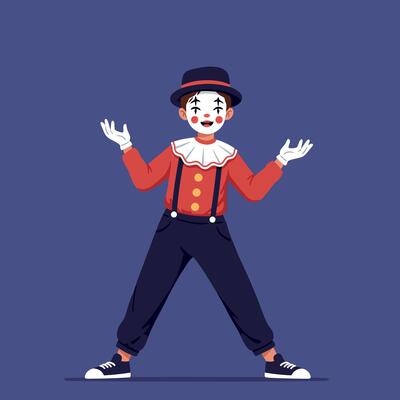 Cheerful clown in vibrant red and blue outfit performing playfully with arms outstretched in a minimalistic flat illustration