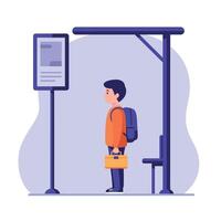 Young boy waiting at a bus stop under a minimalist shelter in flat art style, holding a briefcase with a backpack on his shoulders vector
