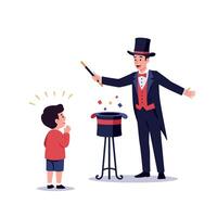 A magician in a top hat performs a captivating trick for an amazed child, featuring a flat design style in vibrant colors, illustration vector