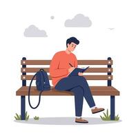 A young man sitting on a park bench sketching in a notebook while enjoying a peaceful afternoon, minimal illustration vector