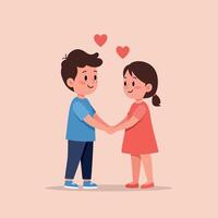 Two children holding hands with smiles on their faces in a flat, cheerful design showcasing friendship and affection in art vector