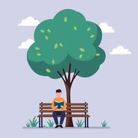 A man sitting on a wooden bench under a leafy tree, reading a book in a flat illustration vector