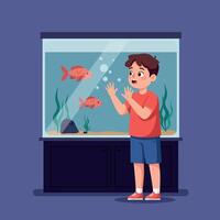 A curious boy in a red shirt gazing at goldfish in a flat, vibrant aquarium setting, expressing joy and fascination in art vector