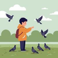 A young boy in an orange jacket feeding pigeons while surrounded by a tranquil park setting in a flat illustration vector