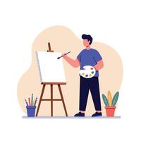 A young male artist standing in front of a blank canvas, holding a palette and brush in a minimalistic studio setting, creating vibrant art vector