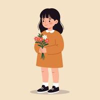 Young girl smiling joyfully while holding a bouquet of colorful flowers in a minimal flat design illustration vector