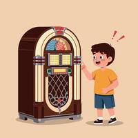A cheerful boy interacting with a vintage jukebox in a playful, colorful setting, showcasing flat art style that captures joy and nostalgia in a delightful scene. vector
