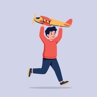 A joyful boy running with a toy airplane held high in the air, designed in a flat and colorful style, showcasing vibrant art vector