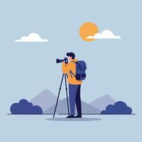 A photographer in a yellow jacket capturing breathtaking landscapes with a camera on a tripod in a flat illustration vector