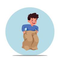 A cheerful boy jumping in a sack during a playful race in a flat design style of art vector