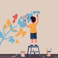 A young boy painting a colorful mural on a wall while standing on a stool in a flat illustration style vector
