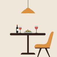 Cozy dining table setting with wine glasses and a plate of pasta in minimal illustration vector