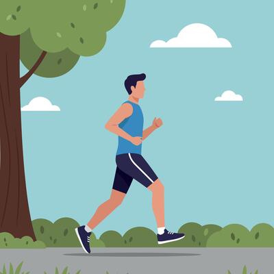 A young man jogging along a serene path surrounded by trees in a flat illustration style capturing an active lifestyle and outdoor energy in art