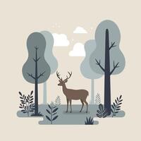 A serene deer standing gracefully among stylized trees and foliage in a minimalistic forest setting, showcasing flat design art vector