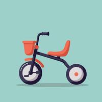 Tricycle in bright colors with a playful design and simple shapes set against a soft pastel background, showcasing flat art vector