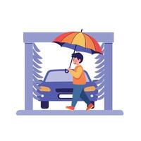 A young man holding a colorful umbrella while walking towards a car wash in flat illustration style, showcasing a cheerful atmosphere and modern design elements in art vector